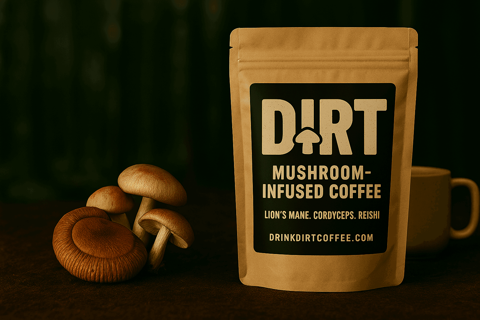 DrinkDirt Mushroom Coffee Alternative packaging with mushrooms and a coffee mug
